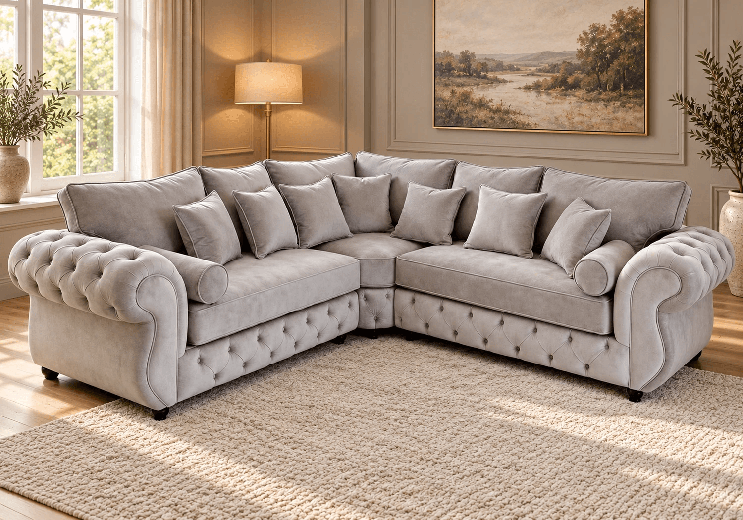 Cream fabric three-seater sofa